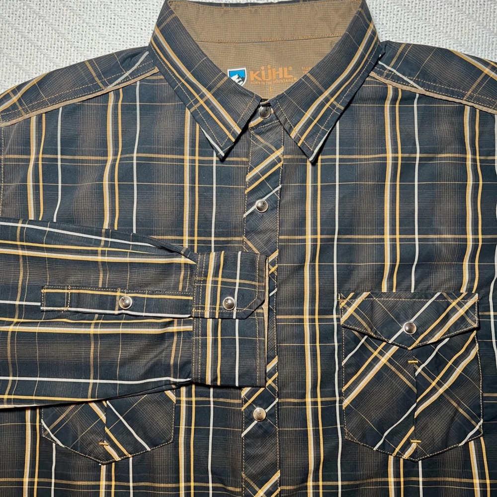 Kuhl Eluxur Mens Large Brown Plaid Pearl Snap Front Hiking Shirt Long Sleeve